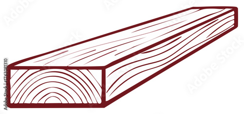 Wood plank illustration with visible grain, lumber section, wood grain illustration with linear style, isolated on white