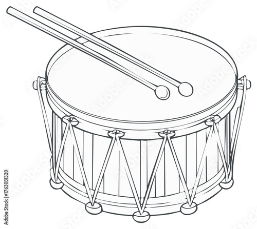 Line art illustration of a snare drum with drum sticks