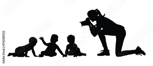 Female photographer taking pictures of babies and toddlers playing together on the floor black silhouette vector illustration.