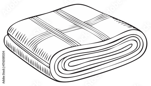 Line Art Illustration of a Folded Blanket with Checkered Pattern, Rolled Edge