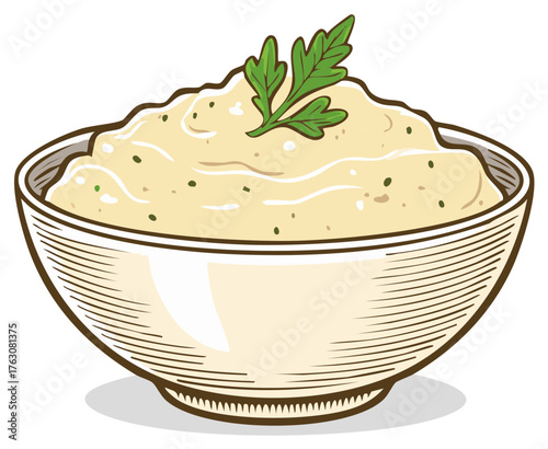 Hand drawn vector illustration of a bowl of creamy mashed potatoes with parsley garnish