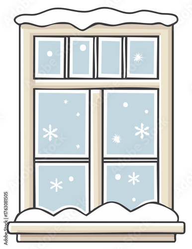 Illustrated cozy winter window scene with falling snowflakes and snow on the sill