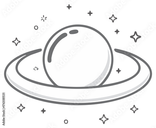 Stylized planet with rings and stars in a simple outline drawing style
