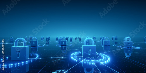 Digital Security Network with Glowing Padlocks Background