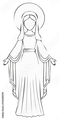 Holy Virgin Mary religious figure in a simple line art illustration