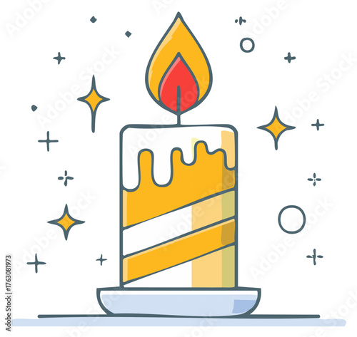 Festive striped birthday candle with dripping wax and sparkling stars