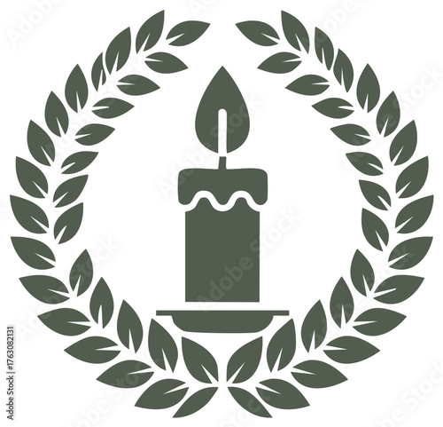 A symbolic illustration of a burning candle within a classical laurel wreath expressing remembrance and honor
