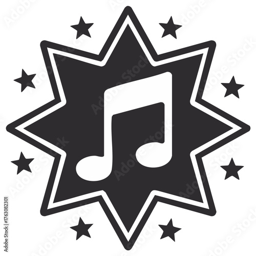 Musical Note Icon Inside a Starburst Shape Surrounded by Smaller Stars Illustration