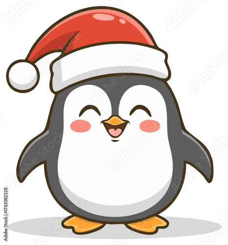 Cartoon penguin wearing a Santa hat smiling with pink cheeks holiday season character