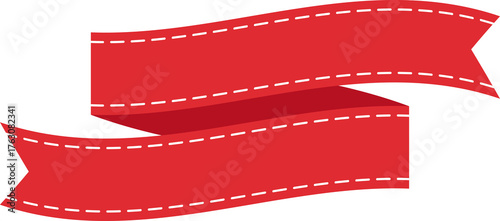 Red Ribbon with White Dashed Border Banners and Labels - Flat Design Illustration	