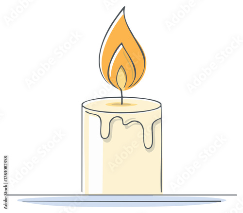 Burning Candle with Dripping Wax Warm Glowing Flame and Simple Illustration Style