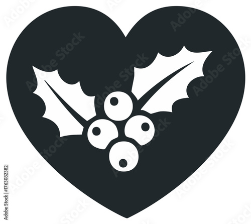 Heart shape with holly berries and leaves graphic icon for love and winter holidays