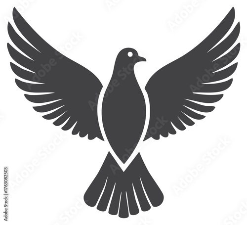 Dove with wings spread wide soars as a symbol of peace and hope with feathers illustrated