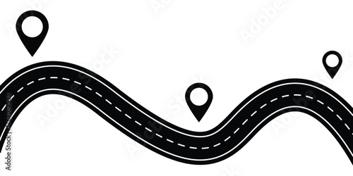 Winding road is leading to different destinations marked with location pins. Top view winding road. Highway symbols. Road signs. Journey traffic curved highway.