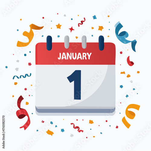 January 1st Calendar Celebration with Confetti and Streamers