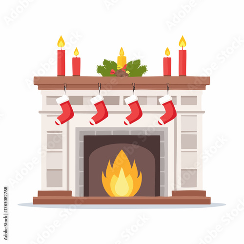 Cozy Christmas fireplace with burning fire, hanging stockings, candles, and a festive holly wreath in a modern flat vector holiday decoration style