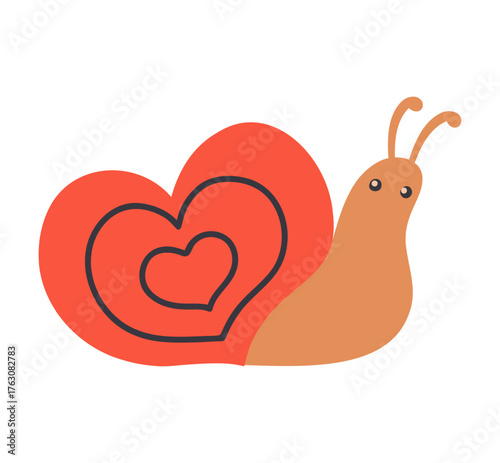 Snail with Heart-Shaped Shell. Naive Vector Illustration on Transparent Background for Valentine’s Day Cards, Animal Stickers