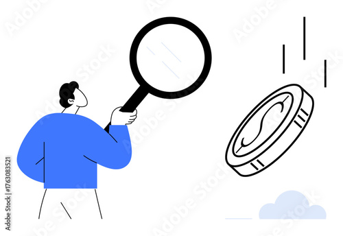 Person holding magnifying glass observing falling coin, focusing on financial insight. Ideal for analysis, money management, economics, investment, problem-solving, research decision-making. Minimal