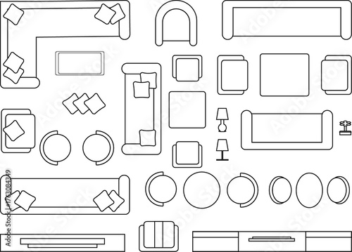 Furniture outline topview, architecture and interior design symbols, floor plan icpn set, editable stroke vector for real estate