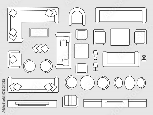 Furniture outline topview, architecture and interior design symbols, floor plan icpn set, editable stroke vector for real estate