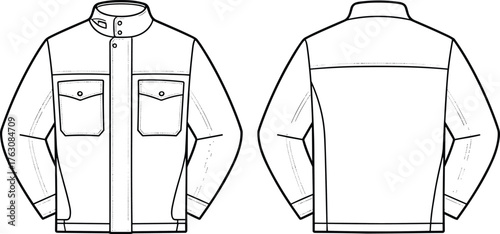 cad drawing flat vector illustration, technical fashion sketch, jacket front and back view, garment design, apparel construction, outerwear blueprint