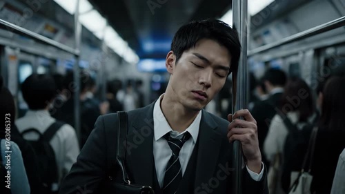 Tired Businessman Sleeping While Standing on a Crowded Train