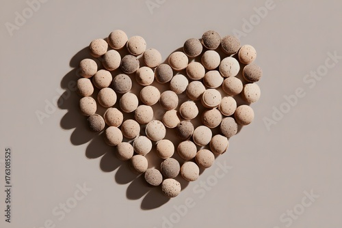Top-down view of small round objects forming heart shape on neutral background, . High quality photo