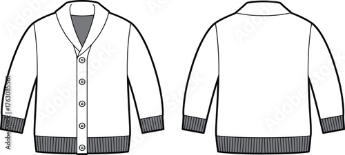 Cardigan sweater flat sketch, shawl collar button down, ribbed cuffs hem, fashion technical drawing, vector apparel template, clothing CAD illustration