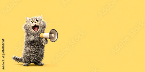 A funny cat holding a megaphone and screaming with an isolated background