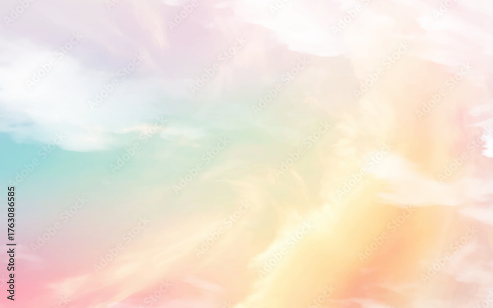 Naklejka premium sun and cloud background with a pastel colored. beauty abstract sweet pastel soft pink and blue with fluffy clouds on sky. multi color rainbow image. fantasy growing light 