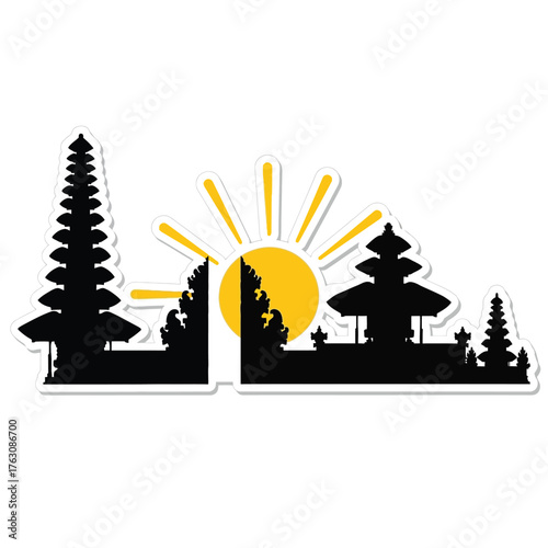 Silhouette of Balinese temples with a rising sun, creating a serene and minimalist landscape.