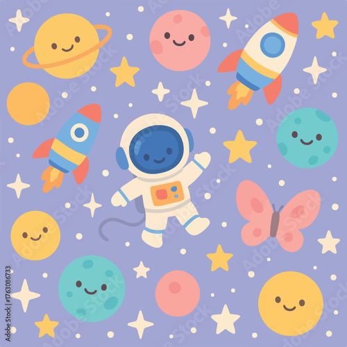 Cute Space Themed Vector Pattern with Astronaut Rockets Planets and Stars in Playful Color Palette