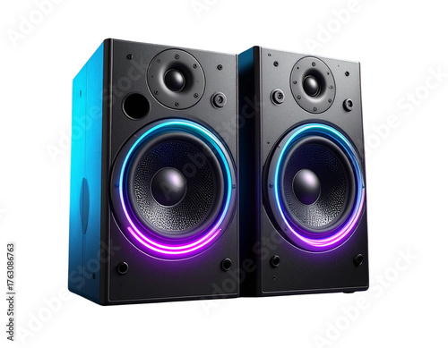 Futuristic Neon Audio Speakers with Glowing Rings, Front View, Isolated on Transparent Background