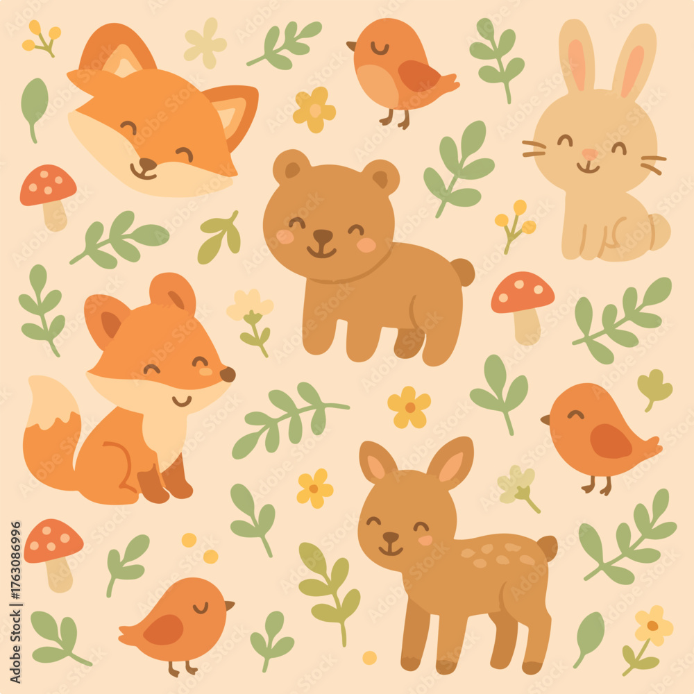 Obraz premium Vector Pattern Illustration of Cute Woodland Animals in Modern Organic Style with Soft Earth Tones