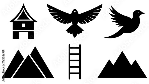 Black silhouette icons representing nature travel and spiritual ascension art