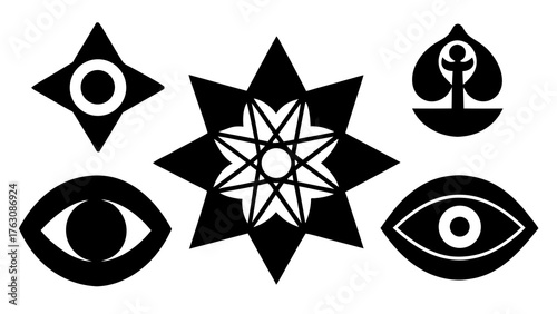 Collection of esoteric symbols and mystical signs in black and white design