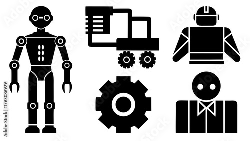 Black and white vector icons representing industry automation and engineering jobs