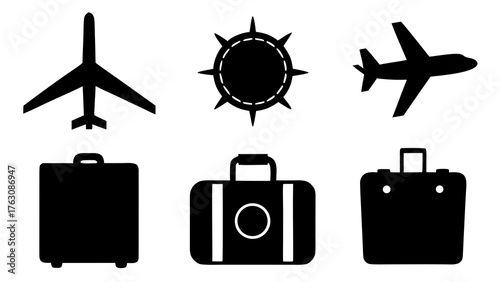 Travel icons showing airplanes suitcases and sun representing vacation and tourism