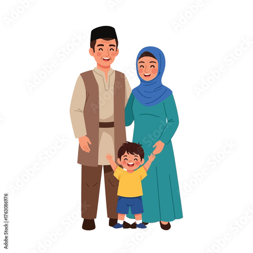 A smiling Muslim family happily standing together, embracing their child.
