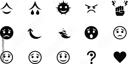 Collection of various black and white emoji icons representing different emotions and abstract symbols