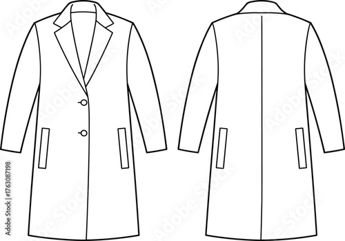 Long coat flat sketch, fashion CAD drawing, vector illustration, front and back view, garment technical design, clothing template, outerwear fashion design