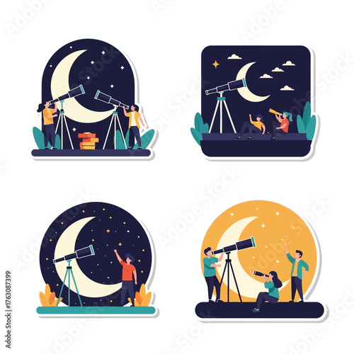 Four illustrations depict people stargazing through telescopes at the moon and stars at night.