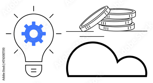 Light bulb with gear, stacked coins, and cloud design symbolizing innovation, finance, and technology. Ideal for tech ideas, cloud services, fintech, investment business innovation startup growth