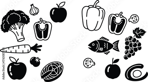 A collection of healthy food icons including fruits vegetables and protein sources in black and white