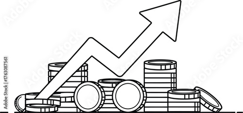 A line drawing of stacks of coins with an arrow pointing upwards indicating growth and financial success