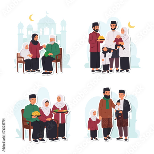 Muslim families celebrating religious holidays with traditional attire and gifts, featuring multiple generations and cultural scenes.