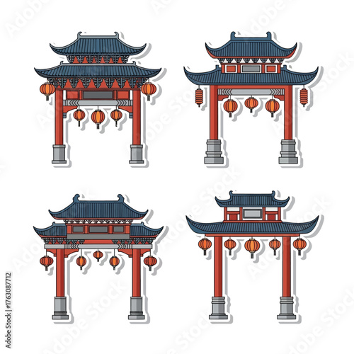Four illustrated traditional Chinese gates with red pillars, blue roofs, and hanging lanterns, depicted in a flat design style with outlines.