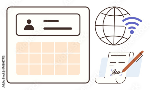 Clipboard with user profile, grid layout, globe with wireless icon, and signed document. Ideal for digital services, connectivity, contracts, authentication, remote work e-signatures simple flat