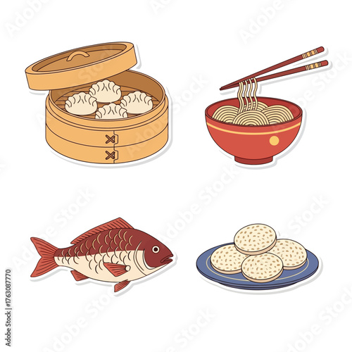 A collection of four cartoon-style illustrations featuring traditional Asian food items like dumplings, noodles, a fish, and cookies on a white background.