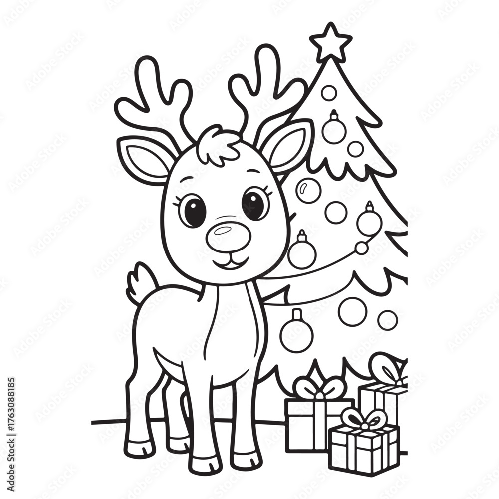 Obraz premium Cute Reindeer with Christmas Tree Coloring Page